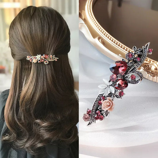 Vintage Red Rhinestone Flower Hair Clip