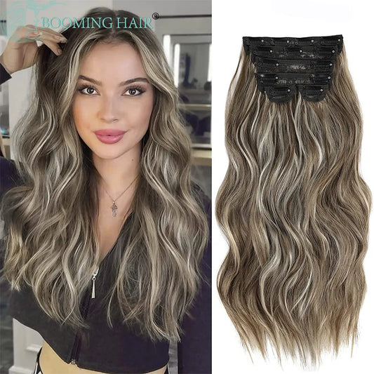 Wavy Clip In Hair Extensions Long Synthetic Clip In Hair Extensions 6Pcs/Set Piece Synthetic Ombre Blonde Brown Thick Hairpieces
